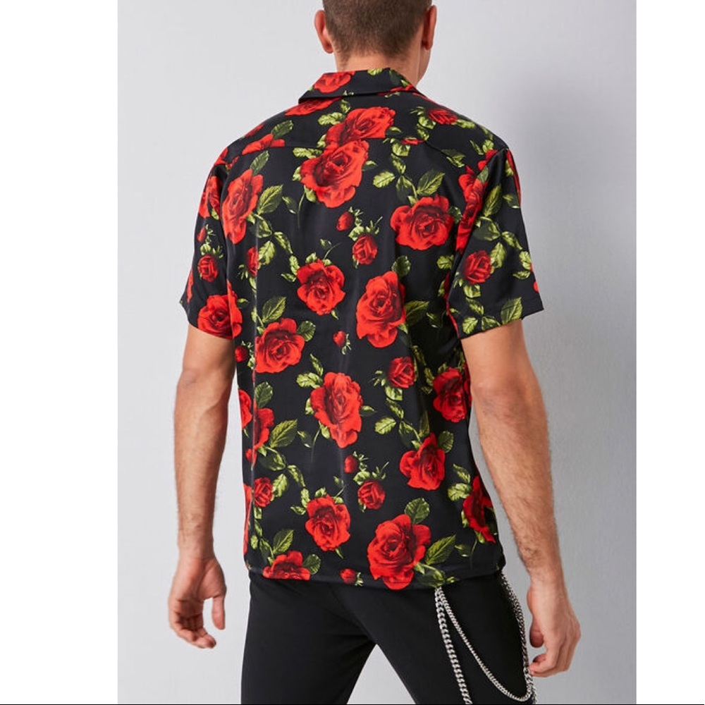 š¹VALENTINES CLASSIC FIT SATIN ROSE PRINT SHIRT - Picture 3 of 5